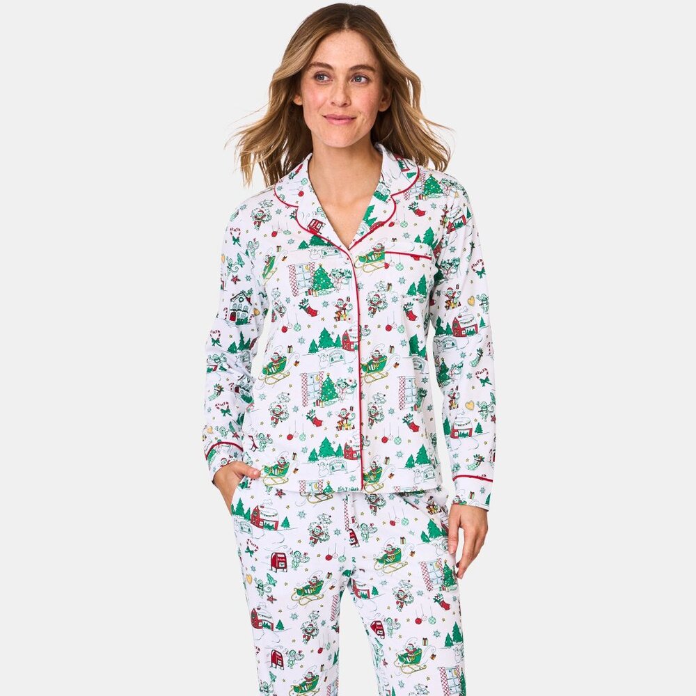 Roller Rabbit Snow Village Long Sleeve Polo Pajamas Size MGREEN / M